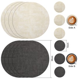 Myir JUN Leather Placemats and Coaster Set of 4, Table Mats Round Waterproof Dual Sided Kitchen Place Mats Coffee Mats Heat Resistant Placemat Non-Slip Washable (set of 4, Grey Linen)