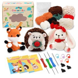 Eugioove Crochet Kit for Beginners,3 Pattern Animals-Fox, Hedgehog, Rabbit, Knitting Kit for Adult Kids with Step-by-Step Video Tutorials, Instructions and Yarns, Hook (Orange)