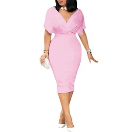 qfmqkpi Women's Classy Pearls Plunge V Neck Short Sleeve Cocktail Tight Midi Dress Stretchy High Waist Wrap Formal Dress Pink S