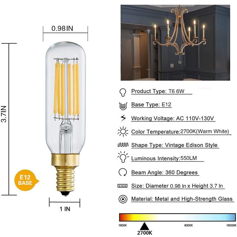 YFXRLIGHT Dimmable T6 Vintage LED Light Bulbs Warm White 2700K,6W