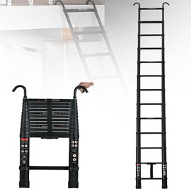 Qimu Aluminum Telescoping Ladder with 2 Detachable Roof Hooks, 12.5FT Portable Extension Ladder Multi-Purpose Lightweight Folding Ladder RV Collapsible Ladder, Anti-Slip Feet, 330 Lb Capacity