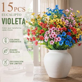 15 Flores Artificiales Decoracion, Flores Artificiales Violeta con Hojas de Eucalipto, Flores de Tela Resistentes al Sol, Violeta de Eucalipto Simulada, Decoración para Jardín, Balcón, Macetas