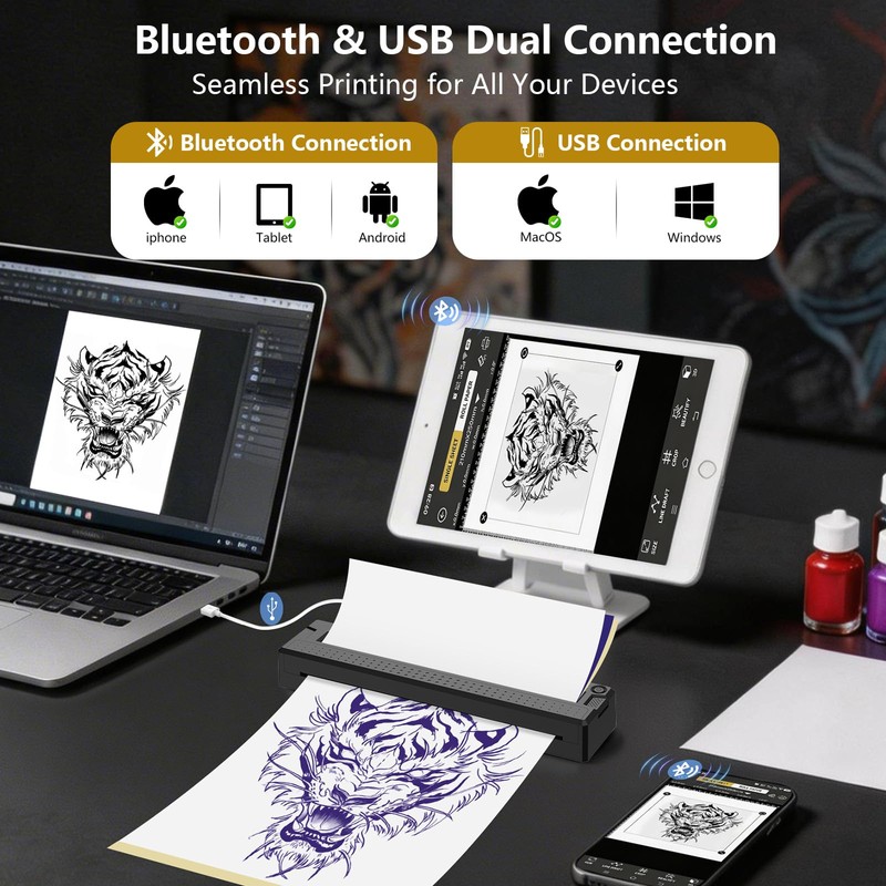 Bagana Tattoo Stencil Printer, 2-in-1 Wireless Bluetooth Thermal Printer for