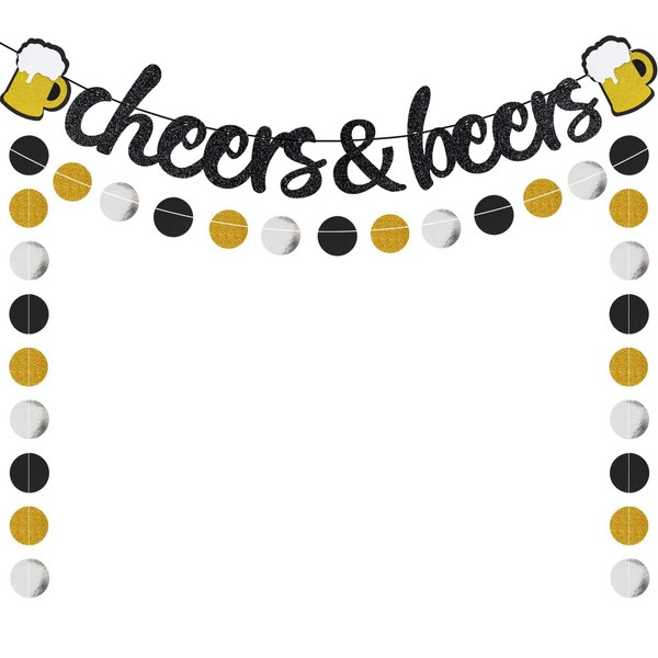 Cheers & Beers Banner Black Glittery Circle Dots Garland(57 pcs circle dots),Birthday Wedding Anniversarty Graduation Bachelorette Bridal Shower Engagement Retirement Baby Shower Hawaii Party Supplies Pre Strung Decorations