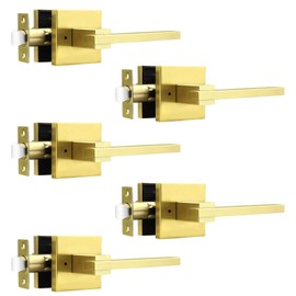Orger Gold Privacy Door Handles Square Keyless Door Lever, Interior Door Handle for Bathroom and Bedroom, Modern Door Handle Sets Stainless Steel, 5 Pack