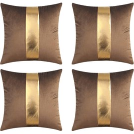 Gyulin Pack of 4,18x18 Inch Velvet Throw Pillow Covers with Gold Leather Striped Patchwork Stitching Luxury Modern Minimalist Square Pillowcase Cushion Covers for Bedroom Sofa Couch Living Room,Brown