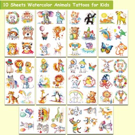 Hohamn Watercolor Animals Temporary Tattoos for Kids, 10 Sheets Cartoon Watercolor Animals Tattoos for Girls Boys Birthday Party Supplies Gifts Decoration