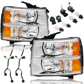 Reinko Headlight Assembly Set Compatible with 2007 2008 2009 2010 2011 2012 2013 Chevy Silverado 1500, 07-14 Silverado 2500HD 3500 Headlamp W/Wiring Harness & Bulbs, Chrome Housing Ambar Reflector
