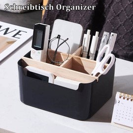 gvivej Desk Organiser, Wooden Desktop Organiser, Bamboo Table Organiser, 5 Compartments, Pen Holder Desk, for Office, Bedroom and Living Room, Black