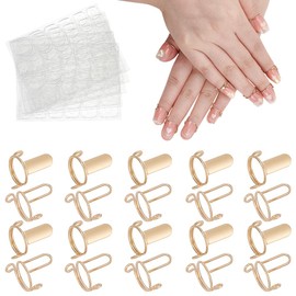 arricraft 20 Pcs Golden Nail Rings, Adjustable Brass False Nail Rings with 120 Pcs Adhesive Nail Tabs Reusable Detachable Ring for Women Fingernail Art Decoration