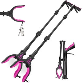 2 Pack 32'' Long Grabber Tool, Grabbers for Elderly Grab It Reaching Tool with Light, Grabber Reacher Tool Heavy Duty with Rotating Jaw & Magnets(Black Rose)