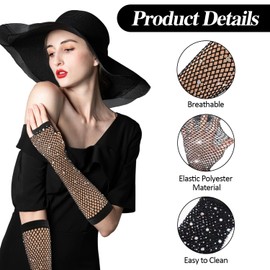 Joalpysm Fishnet Gloves, Fingerless Fishnet Arm Sleeves with Rhinestone, Sparkly Black Mesh Gloves for Women Children