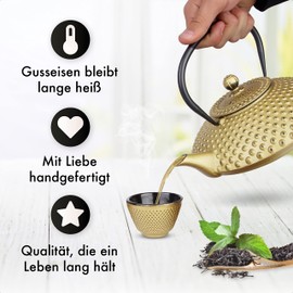 Tealøv Cast Iron Teapot 1.25 Litres | Cast Iron Teapot in Japanese Style | Cast Iron Teapot with Stainless Steel Strainer | Excellent Heat Retention Capacity | Durable | Kambin | Full Gold