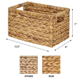 BARIEN Set of 6 Natural Water Hyacinth Woven Storage Baskets 12.6” x 8” x 7”, Rectangular Wicker Basket with Built-in Handles, Medium (Natural - Set of 6)