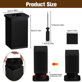AUAUY Adjustable Furniture Legs, Set of 4 Furniture Feet, Height Adjustable, Square with 6 Non-Slip Mats, 16 Screwdrivers, Height: 80 mm Adjustable Feet 0-20 mm Furniture Feet for Cabinets Chest of