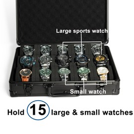 AUKURA Deluxe 15 slots watch case, hard aluminum watch storage organizer display box travel case for large and small watch up to 55mm (black 15 slots)