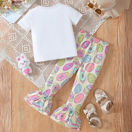 Momkonzz Toddler Girls Easter Outfits Little Girls Bunny Easter Egg Print Tops and Pants Clothes Set Children Short Sleeve Summer Clothing 4-5 Years