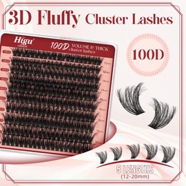 Fluffy-Cluster-Lashes 100D Individual-Eyelashes, Higu clace 12-20mm Volume Lash-Clusters D Curl Thick Lash, Reusable Individual-Lashes Clusters DIY Lash Extensions at Home (100D 12-20)
