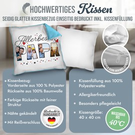 PR Print Royal Personalisiertes Kissen für den allerbesten Papa - mit Collage für 4 Fotos gestalten - Vatertagsgeschenk, Geburtstag, inkl. Füllung, Rückseite Hellblau, 40 x 40 cm