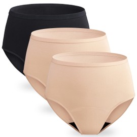 REELINDRY Incontinence Underwear for Women Leak Proof Absorbency Bladder Control Washable Postpartum High Waist Panties 3 Pack (1 Black-2 Beige, M)