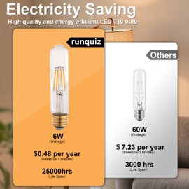 runquiz T10 Tubular Led Bulbs 60w Equivalent, Dimmable 5.25 Inch Led Tube Bulb, E26 T30 Edison Tubular Clear Light Bulbs, 2700K Warm Light Long Skinny 6W 10 Pack