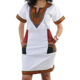Women's Dashiki African Tribal Bohemian Dresses Short Sleeve Knee Length Skirt with Pockets White/Red