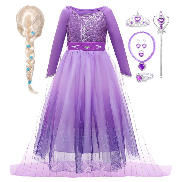 G.C Elsa Frozen Costume Dress for Girls Princess Dress Up Clothes Toddler Dresses Wig Crown Wand Jewelry Necklace Halloween Cosplay Clothes Outfit Kids Birthday Gifts