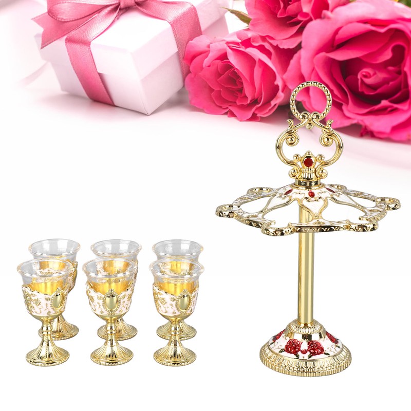 6Pcs Chinese Chalice Retro Style Zinc Alloy Glass Embossed Flower