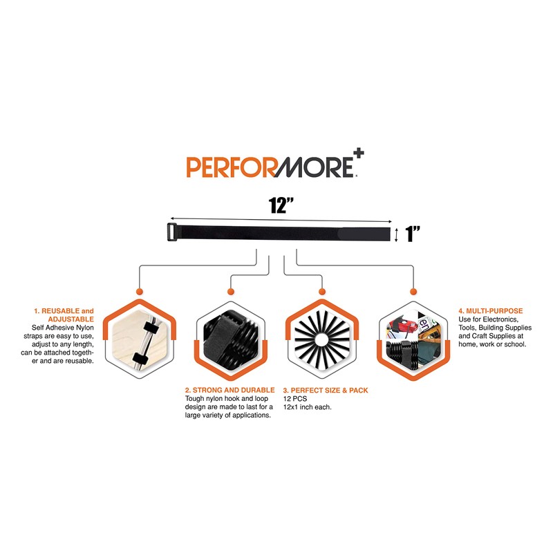 Performore Heavy-Duty Adjustable Nylon Cinch Straps | 12-Pack Durable Hook-and-Loop
