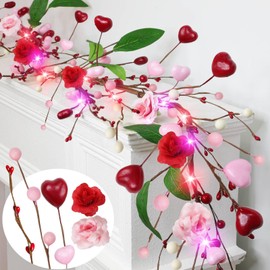6 Ft Valentines Garland Valentine's Day Decorations, Valentines Day Garland with Timer 20 Red & Pink Lights Roses Red Pink White Berried Green Leafed Lighted Valentines Garland for Home Wedding Party