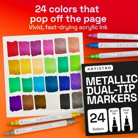 ARTISTRO 24 marcadores metálicos de pintura acrílica – Bolígrafos de pintura de doble punta pincel + fino ideal para caligrafía – Perfecto para tela, 