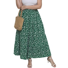 BERYDRESS Women's Spring Green Floral Maxi Skirts Elastic Waist Flared Elegant Long Swing A-line Maxi Summer Skirt(4XL-C1029-GN Floral)
