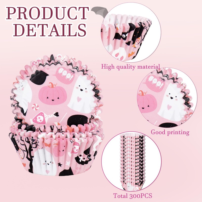JarThenaAMCS 300Pcs Halloween Cupcake Liner Pink Boo Ghost Baking Cup