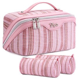 Travel Makeup Bag for Women: Large Capacity Open Flat Make up Bag Set of 3 - Vegan Leather Cosmetic Bag with Compartments - Waterproof Toiletry Bag with Handle & Divider(Pink)