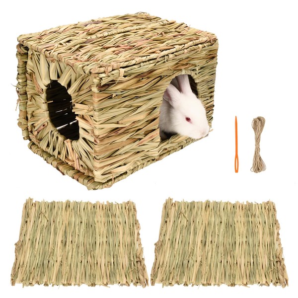Grass House for Rabbits (1pc) and Grass mat for Rabbit Bunny(2pcs) Sangle Sopffy, Hand Woven Straw Hut, Small Animal Cages Hay Mat for Guinea Pig Parrot Rabbit Bunny Hamster Chinchilla Squirrel…