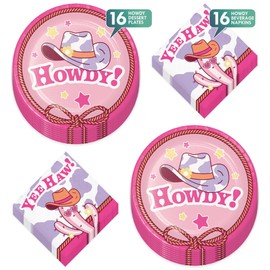 Cowgirl Party Supplies– Dessert Plates with “Howdy” & Western Napkins with “Yee Haw” – Boots and Bows & Disco Cowboy Theme for 16 Guests