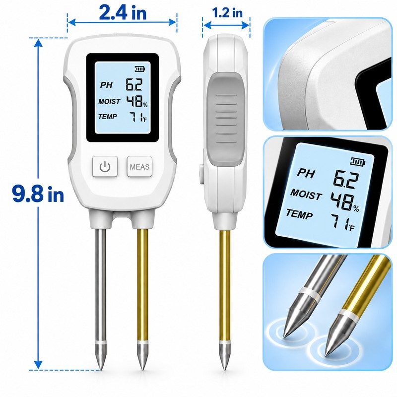 3-in-1 Digital Soil Tester with Backlit Display, pH Moisture &
