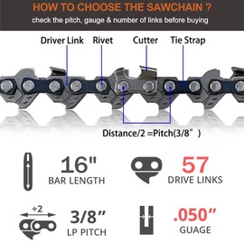 3 Pack Chainsaw Chain for 16 Inch (40cm) Bar, 57 Drive Links, 3/8" LP 0.050" Gauge, Replacement Chain fits for Titan, Black & Decker, Einhell, Ryobi, Oregon and More (91PJ057X) and Other Chainsaws