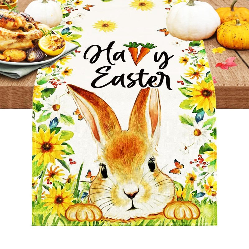 SEAHUI Happy Easter Table Runner Rabbit Tablecloth Bunny Flower Linen
