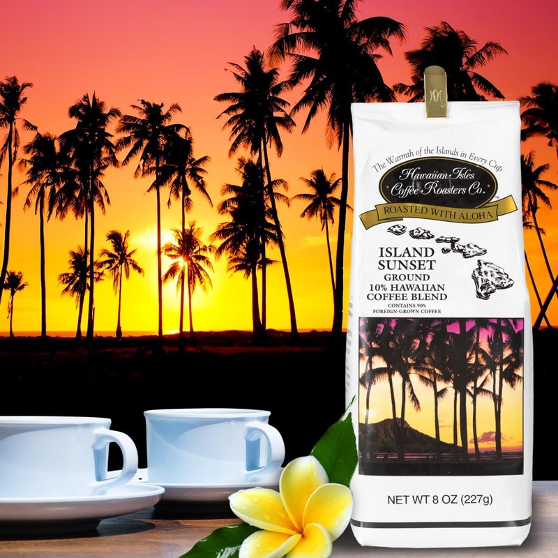 Hawaiian Isles Coffee Island Sunset, Dark Roast Ground Coffee, 10%