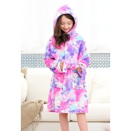 Doctor Unicorn Soft Hooded Rainbow Bathrobe Sleepwear for Girls (Purple Tie-Dye, 6-7 Years)