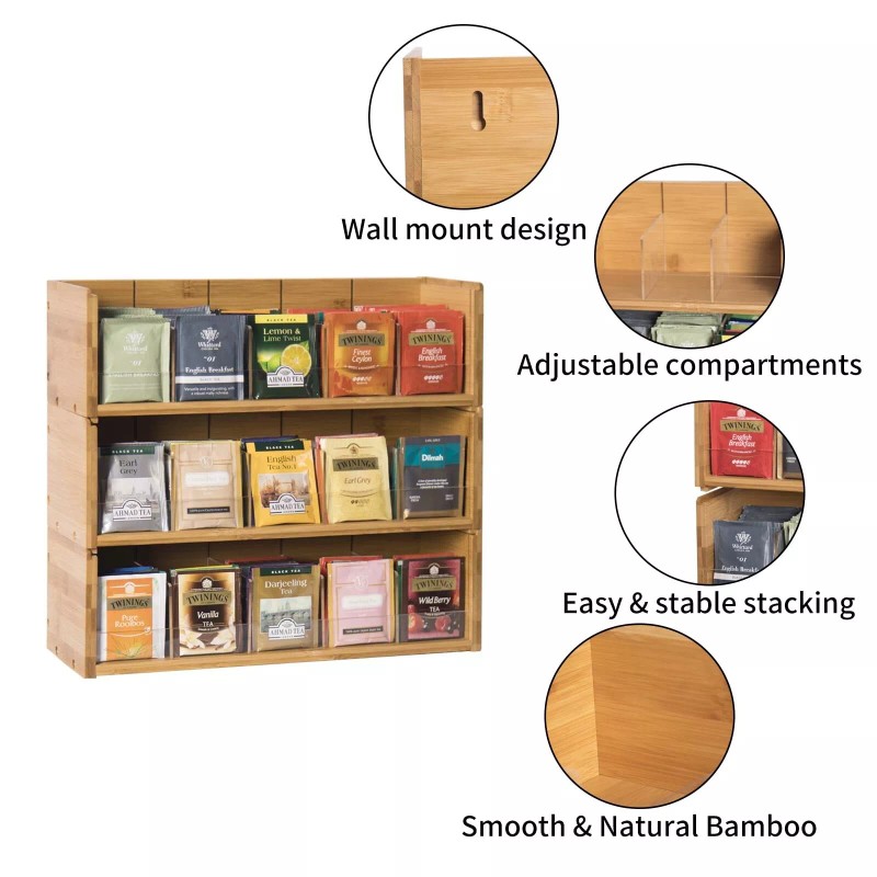 X-cosrack Bamboo Tea Bag Organizer Storage Box, 3 Tier Stackable