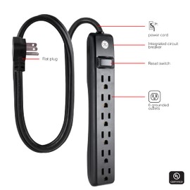 GE 6-Outlet Power Strip, 7 Ft Power Cord, Flat Plug, 3 Prong Outlet, UL Listed, Black