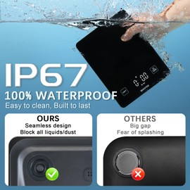 IP67 Waterproof Kitchen Scale with Tempered Glass Surface, 22lb Food Scale 1g/0.1oz Precision, USB Rechargeable, LED Display, Grams and Ounces, for Baking, Cooking, Making Sourdough Bread. Black