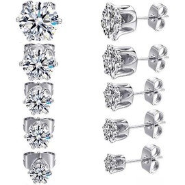YOXUA 6 Pairs Silver Earrings Sets Stainless Steel Gifts Hypoallergenic Small Sleeper Cartilage with Clear 5A Cubic Zirconia Crystal Stud Earrings Gift for Women Girls 6 Pairs 3 4 5 6 7 8mm (Silver)