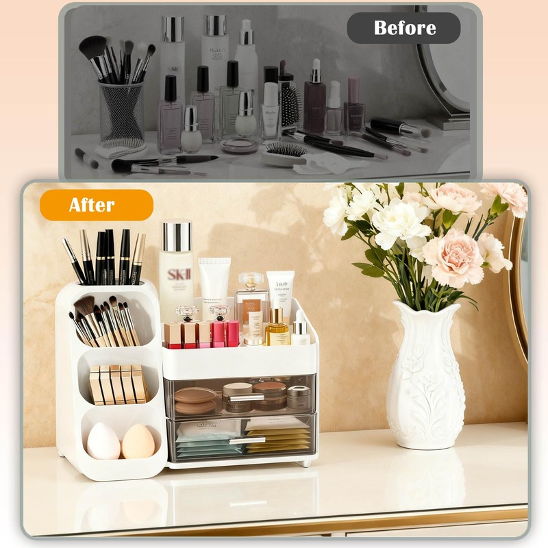 ShinyDew Bathroom Countertop Makeup Organizer with Brush Holder, Large Cosmetic