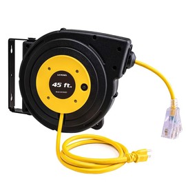 LEPENEL 45 Ft Retractable Extension Cord Reel,12 AWG/3C SJTOW Heavy Duty Power Cord, 15 Amp Circuit Breaker, Retractable Extension Cord with 3-Lighted Triple Outlets, Wall/Ceiling Mounted, UL Listed