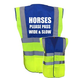 Equestrian Horses Please Pass Wide And Slow Hi Viz Vis Vest Horse Riding Reflective Waistcoat Jacket Road Safety Visibility Yellow/Blue Large