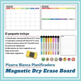 Calendario Magnético para Refrigerador, Calendario Agenda Blanco con Planeador Mensual, Semanal y Daily Notas, Pizarron Organizacion con Accesorios 8 Plumones y Borrador para Hogar, Oficina, Escuela