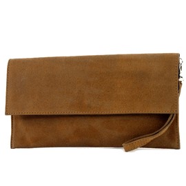 Modamoda de T151/M151 Women’s Italian Suede Leather Metallic Clutch Bag - Cognac, size: s